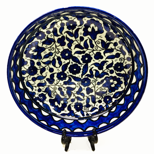Hand Made, Hand Painted Ceramic Bowl. 9 inches Round . Flowers Pattern . Color Dark Blue 2