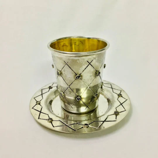 Antique Silver Vintage Silver . Judaica Silver Kuddish Cup and Plate  . Jerusalem Kiddush Cup and Plate . Kiddush Cup Set