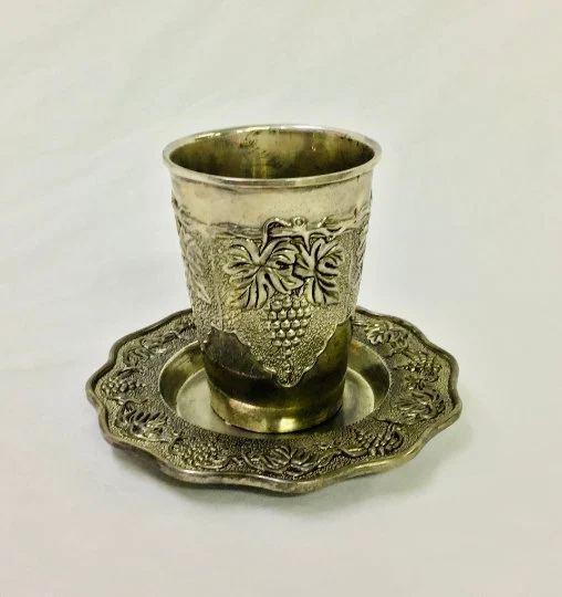 Antique Silver Vintage Silver . Judaica Silver Kuddish Cup and Plate . Grapes Design . Jerusalem Kiddush Cup and Plate . Kiddush Cup Set